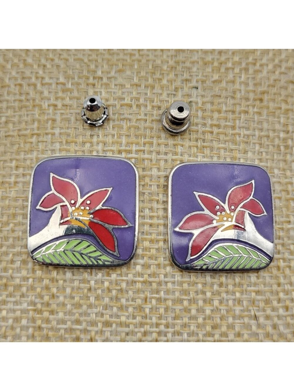 Laurel Burch Vintage Wild Lily Earrings Cloisonne enamel pierced botanical